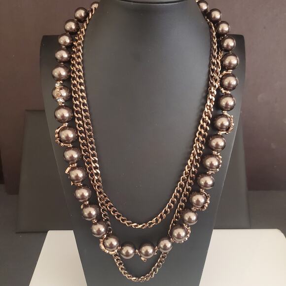 Givenchy Triple Strand‎ Necklace Bronze Tone Beads with Crystal Accents Toggle - Picture 1 of 12